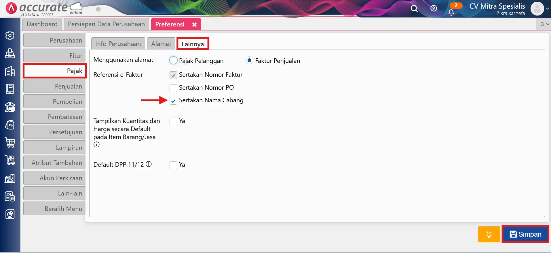 menampilkan nama cabang di kolom referensi